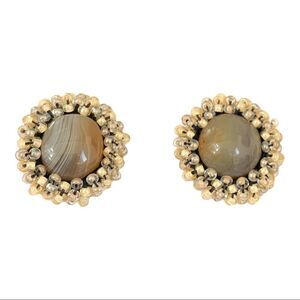 Hand beaded delicate small banded agate  round earrings .75” diameter NOS